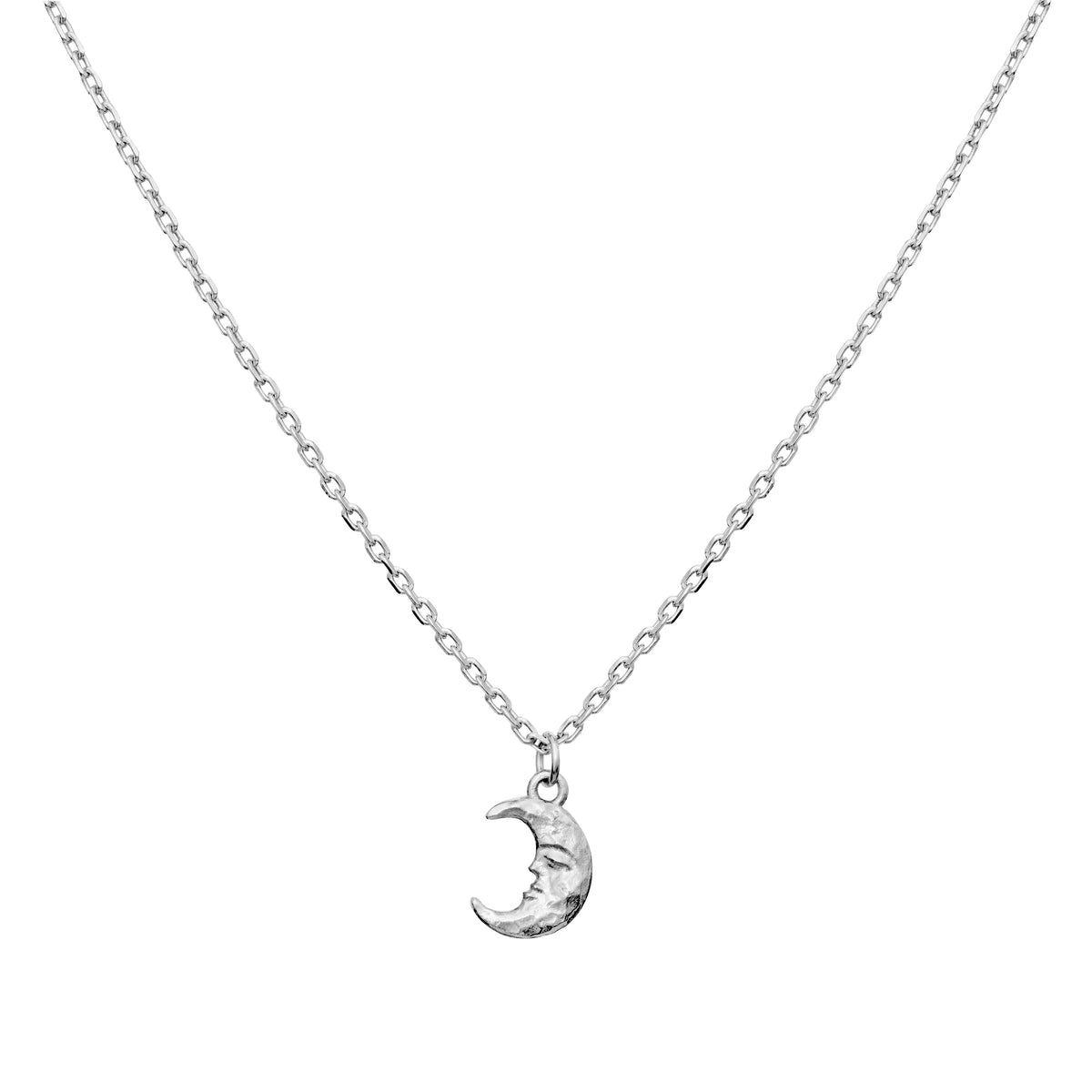 Maanesten's Aila silver necklace with moon pendant in shiny silver on a white background. Model 2805c-1