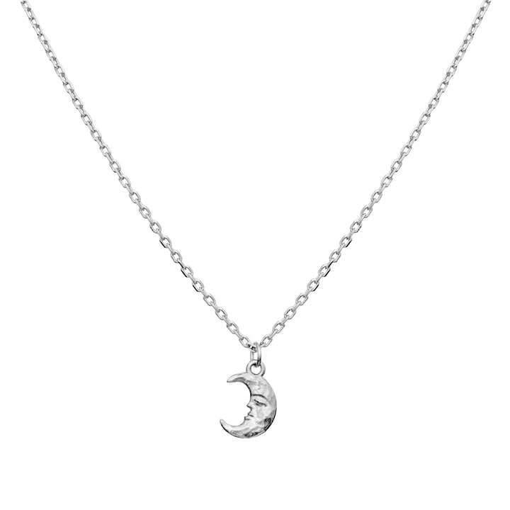 Maanesten's Aila silver necklace with moon pendant in shiny silver on a white background. Model 2805c-1