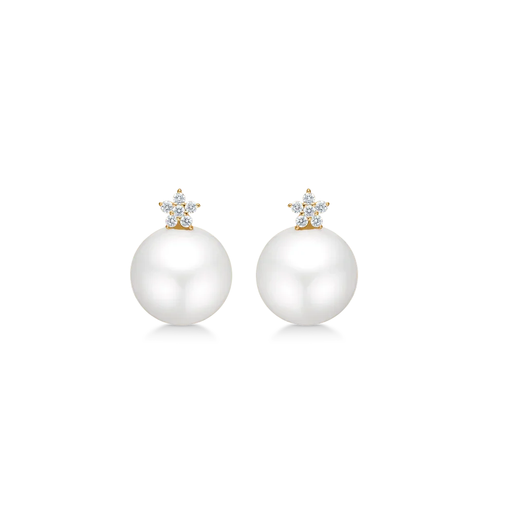 Mads Z 14kt Celeste earrings with white cultured pearl and small diamond flowers, Model 1513133-1.