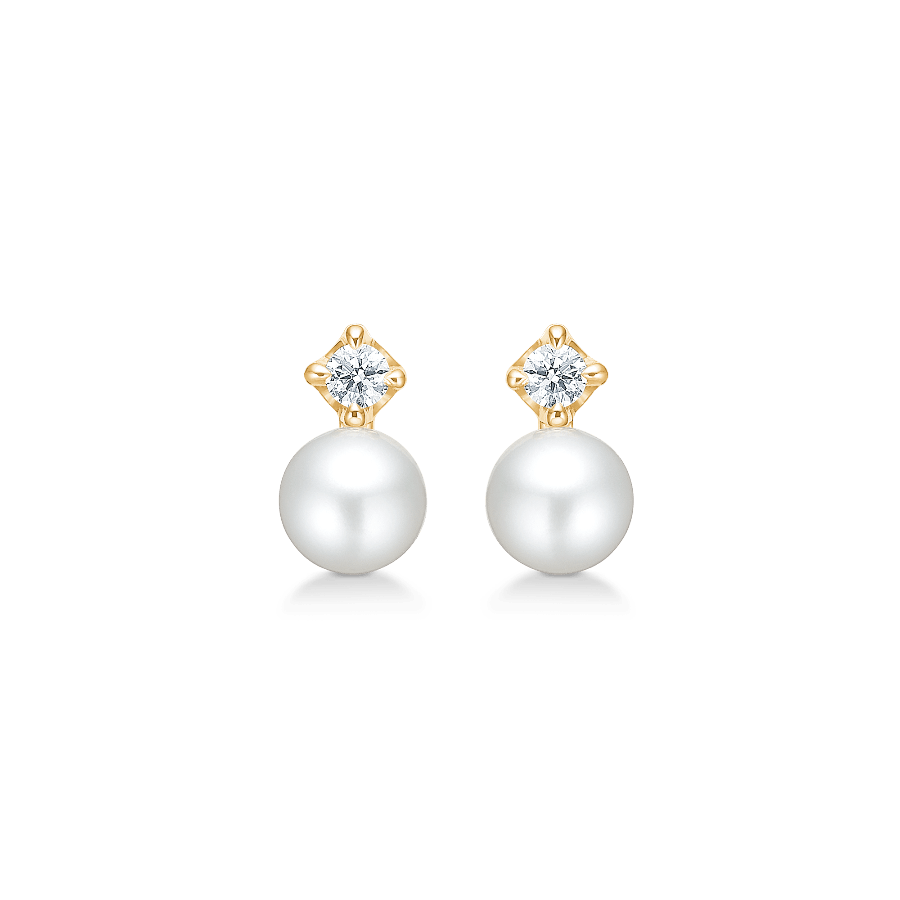Mads Z 14kt Crown Pearl Stud Earrings 0.09ct W/SI shows elegant round pearl earrings with gold and diamond, Model 1513709-1.