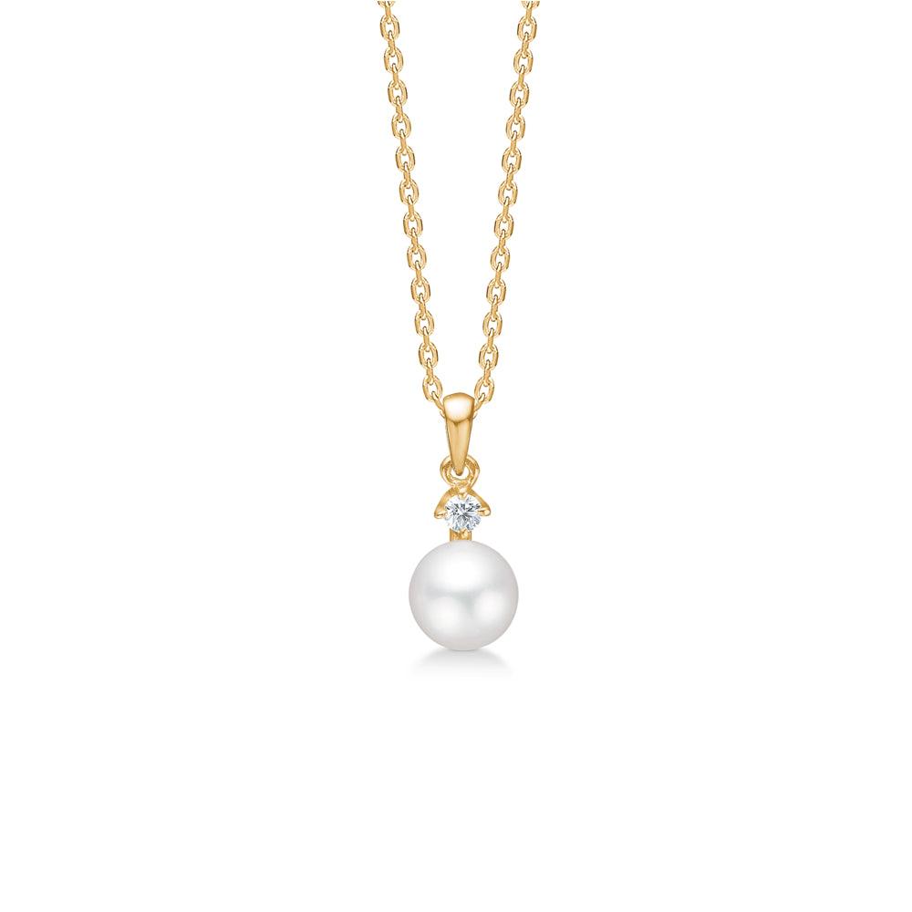 Mads Z 14kt Crown Pearl pendant with white pearl and brilliant on simple gold chain. Model 1533704-1
