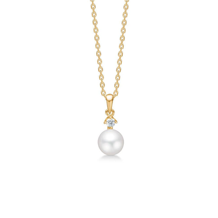 Mads Z 14kt Crown Pearl pendant with white pearl and brilliant on simple gold chain. Model 1533704-1