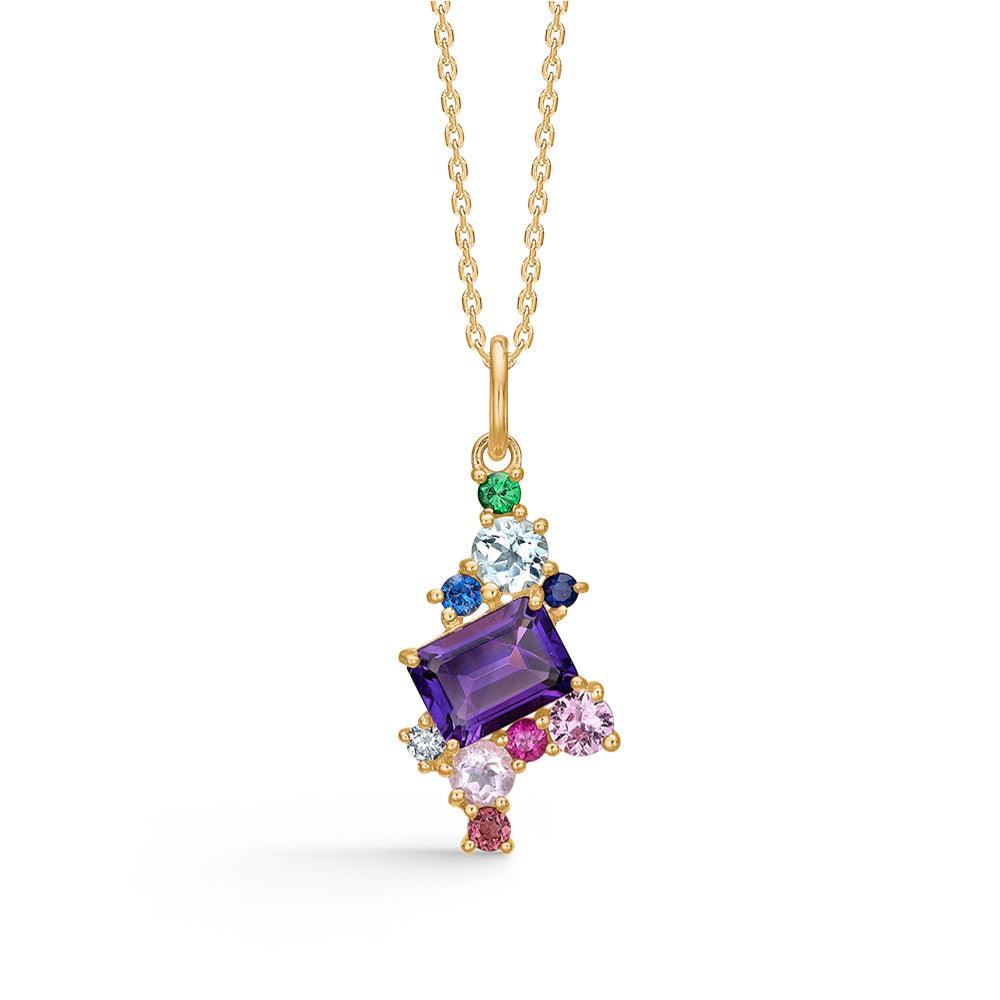 Mads Z 14kt Four Seasons Summer Pendant with colorful stones and purple detail on gold chain. Model 1536030