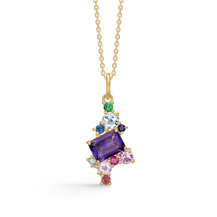 Mads Z 14kt Four Seasons Summer Pendant with colorful stones and purple detail on gold chain. Model 1536030