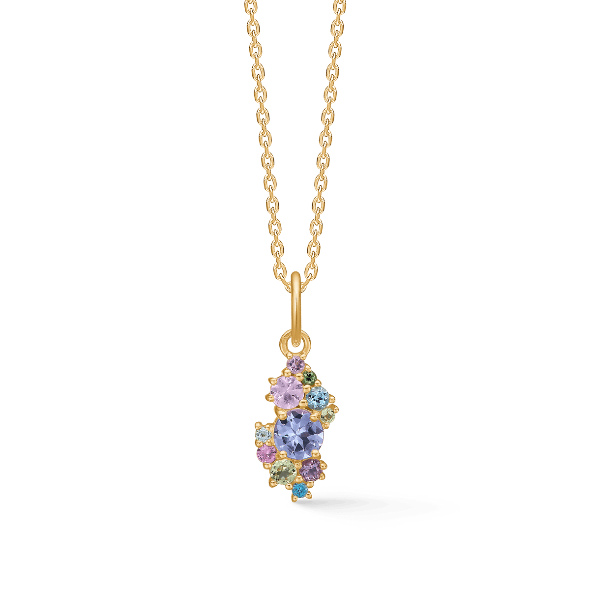 Mads Z 14kt Little Prince pendant with precious stones on gold chain, multicolored stones in elegant design. Model 1536098