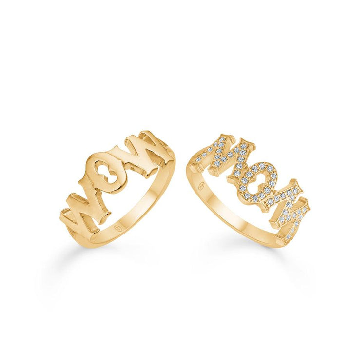 Mads Z 14kt MomWow ring in bright gold and gold with stones, two variants seen from the front. Model 1540097-001