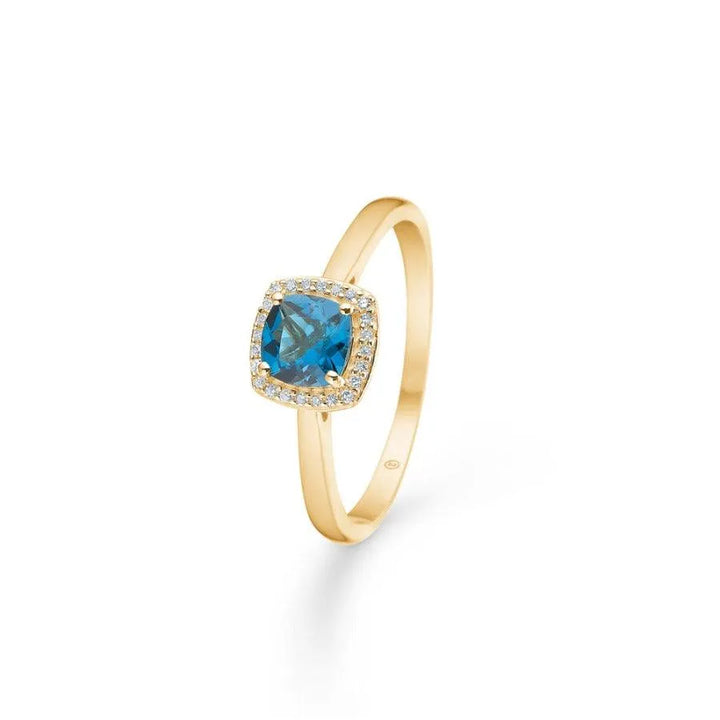 Mads Z 14kt Mona Lisa Ring 0.045ct W/SI shows elegant gold ring with blue stones and small diamonds, Model 1546008-001