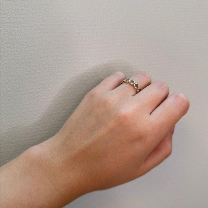 Mads Z 14kt Otilia ring with gray moonstone shown on one hand, gold-colored with stone, Model 1546136-001