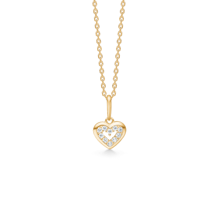 Mads Z 8kt Kiss Pendant with open heart in gold and small clear stones, front view. Model 3337021