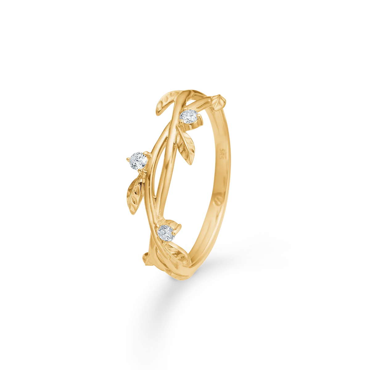 Mads Z Aura 14kt gold ring with three diamonds and leaf details, elegant style. Model 1541102-001