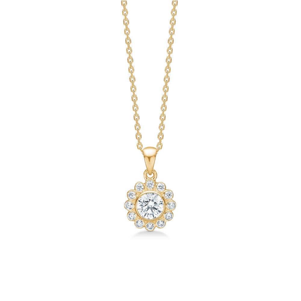 Mads Z Carmen 8kt Gold Pendant w. Zirconia shown on thin chain, round design with clear stones, Model 3337046
