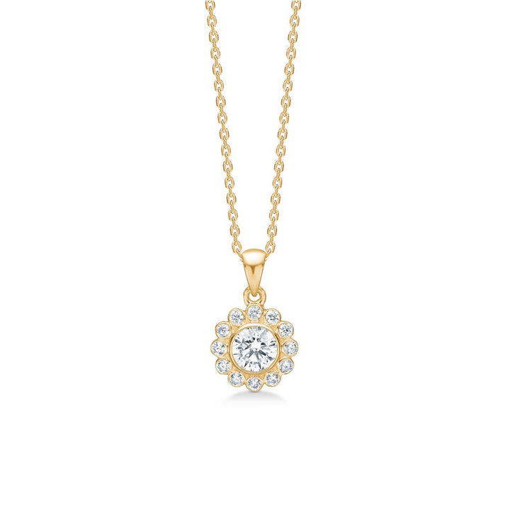 Mads Z Carmen 8kt Gold Pendant w. Zirconia shown on thin chain, round design with clear stones, Model 3337046