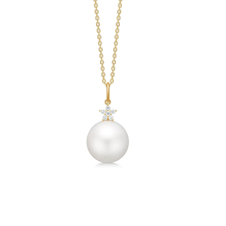 Mads Z Celeste 14kt gold pendant with white cultured pearl and small clear stones, elegant detail. Model 1533133-1.