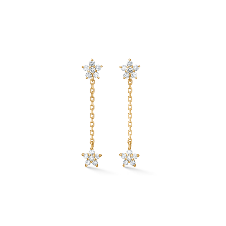 Mads Z Celeste Diamond Chain earrings in 14kt gold with two star pendants and diamonds. Model 1511143-1