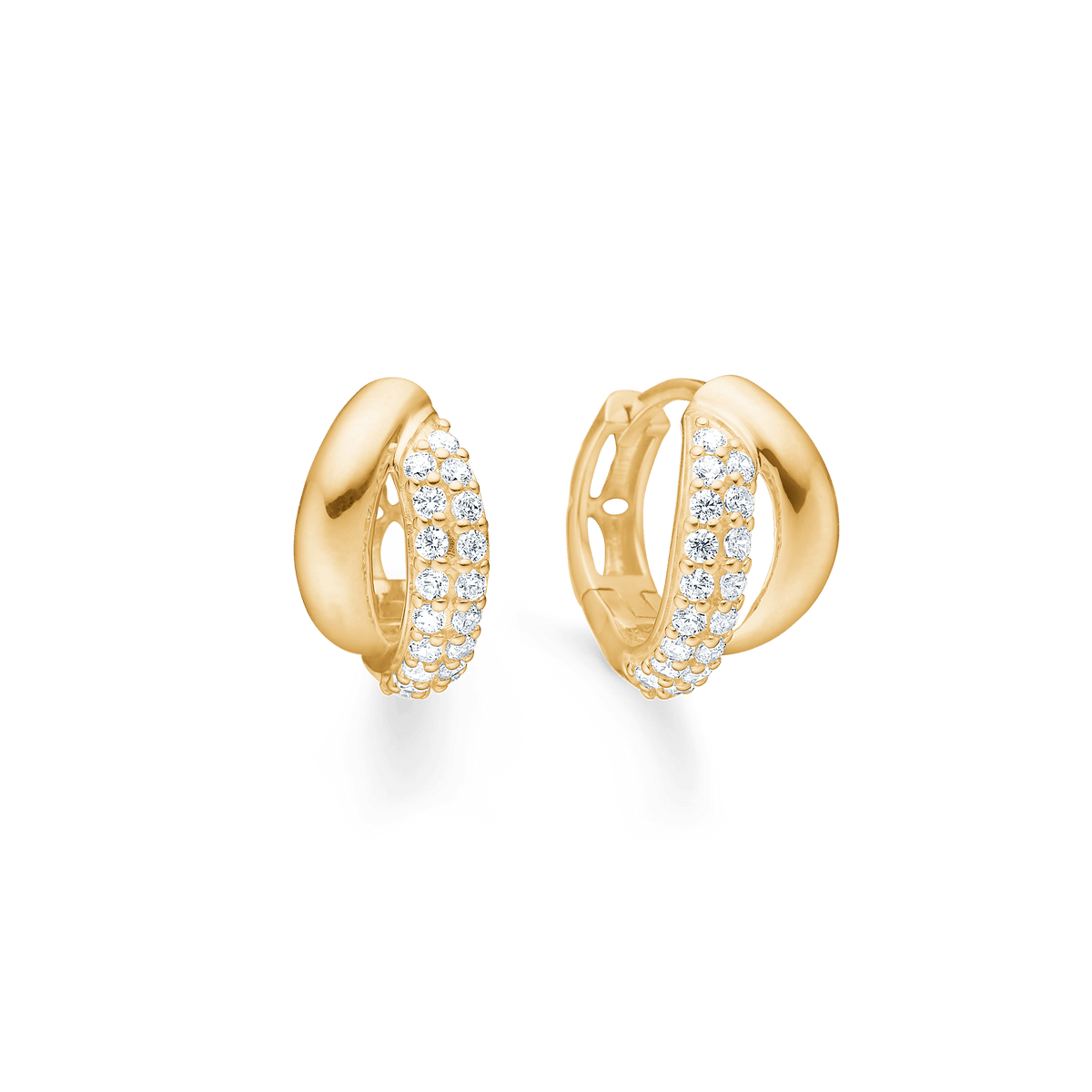 Mads Z Celia 8kt gold hoop earrings with zirconia, shiny oval earrings with two rows of clear stones. Model 3317009-1