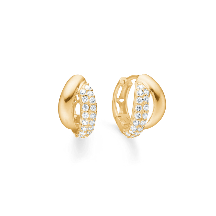 Mads Z Celia 8kt gold hoop earrings with zirconia, shiny oval earrings with two rows of clear stones. Model 3317009-1