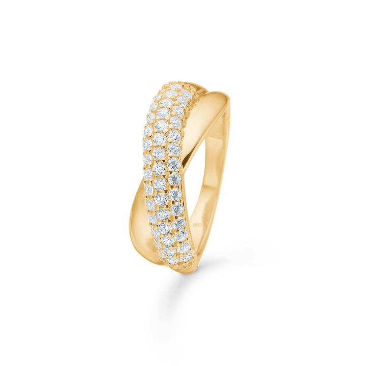 Mads Z Celia 8kt gold ring w/zirconia shows an elegant gold ring with three rows of clear stones. Model 3347009-001-1