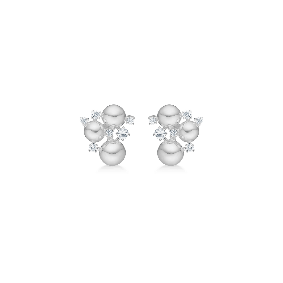 Mads Z Champaign Silver Stud Earrings with Topaz, front view shows shiny silver balls and clear stones, Model 2116114-1