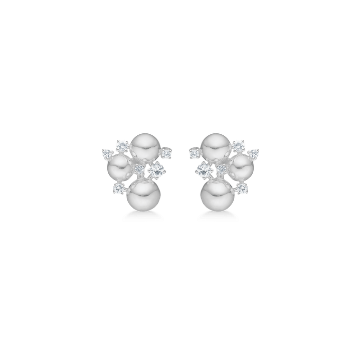 Mads Z Champaign Silver Stud Earrings with Topaz, front view shows shiny silver balls and clear stones, Model 2116114-1