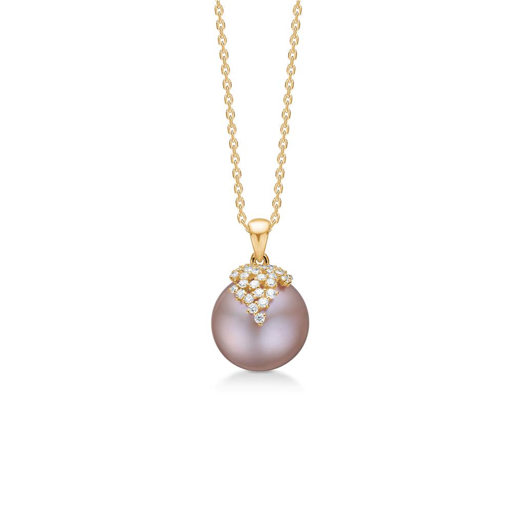 Mads Z Chloe 14kt gold pendant with pink cultured pearl and sparkling diamonds, chain shown. Model 1533025.