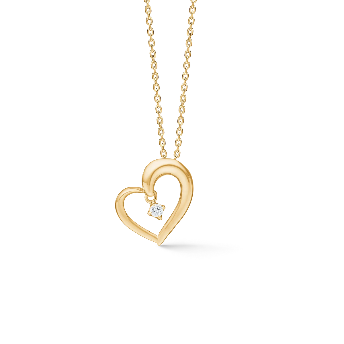 Mads Z Crown Heart 14 gold pendant with diamond, open heart design on gold chain. Model 1531704-1.