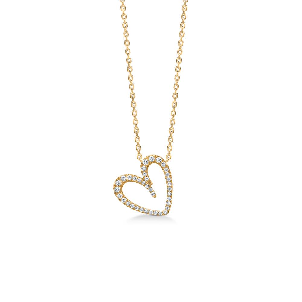 Mads Z Diamond Love 14kt gold heart pendant with diamonds in open shape on chain. Model 1531064-1