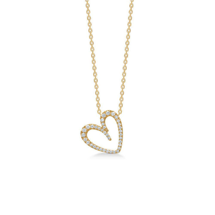 Mads Z Diamond Love 14kt gold heart pendant with diamonds in open shape on chain. Model 1531064-1