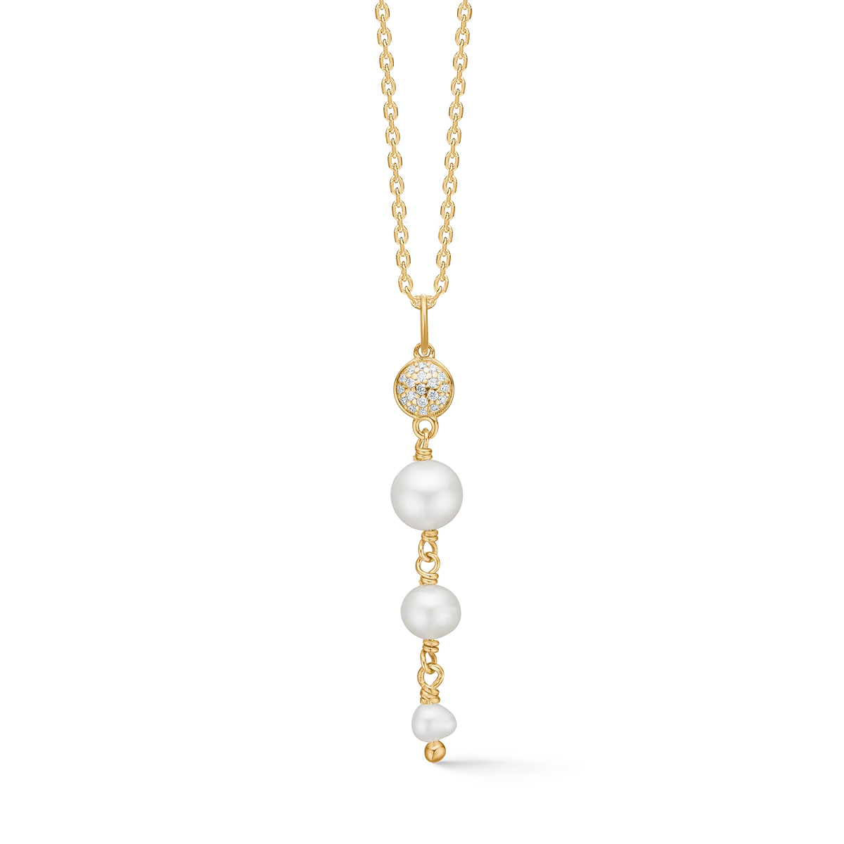 Mads Z Dome 14kt gold pendant with small diamonds and three white cultured pearls. Model 1533010-1