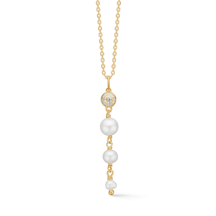 Mads Z Dome 14kt gold pendant with small diamonds and three white cultured pearls. Model 1533010-1