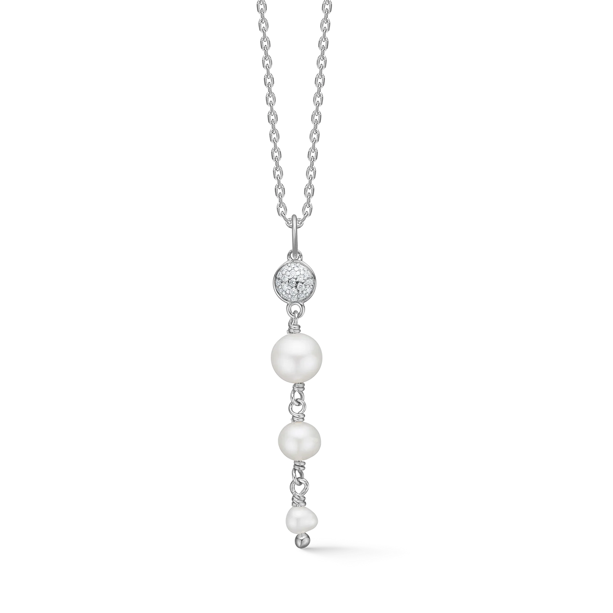 Mads Z Dome necklace in silver with four white pearls and discreet circle pendant, Model 2123010-1.