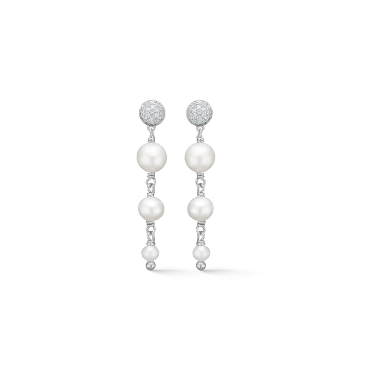 Mads Z Dome silver earrings with cultured pearls and white topazes, elegant hanging earrings with pearls and sparkling stones, Model 2113010-1