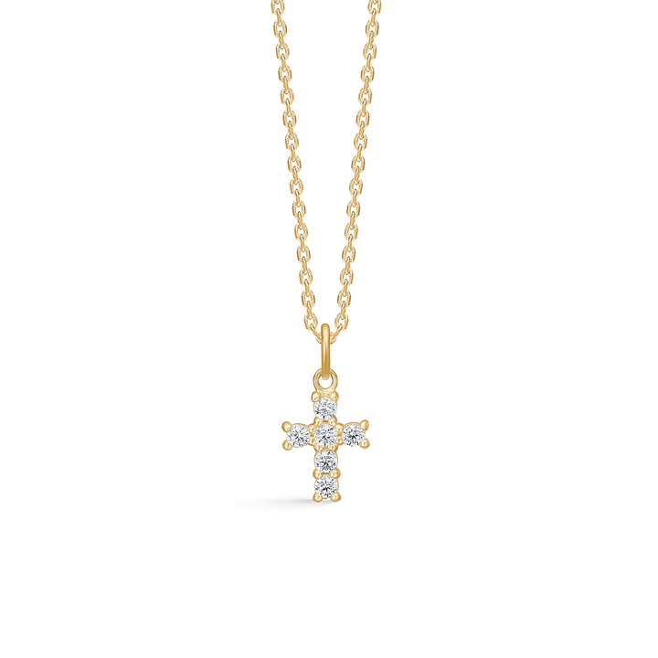Mads Z Faith 8kt gold cross pendant with zircons, chain with classic cross and clear stones. Model 3337134.