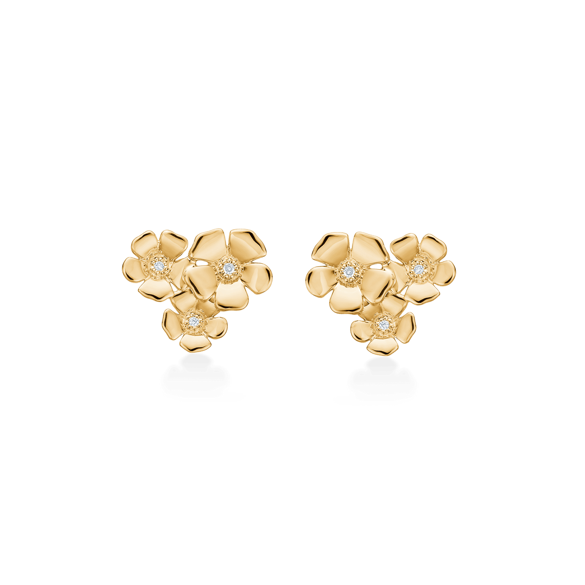 Mads Z Fleur 14kt gold earrings with diamonds, floral motif in bright gold with small diamonds. Model 1511109-1