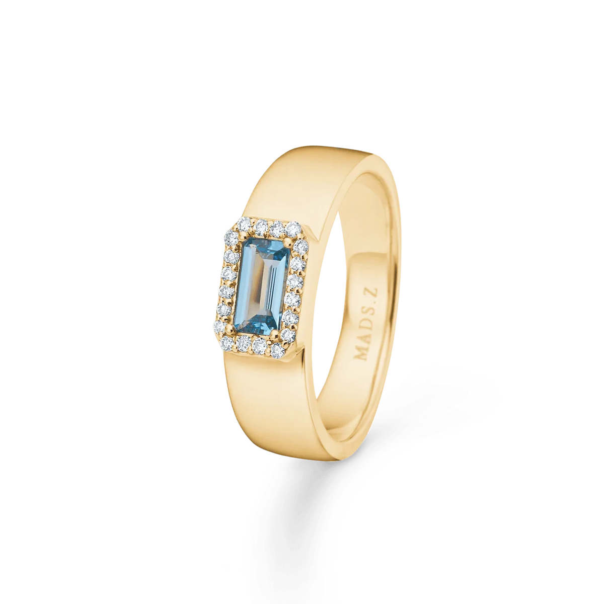 Mads Z Indigo 14kt gold ring with rectangular light blue topaz and diamonds, Model 1546191-001-1.