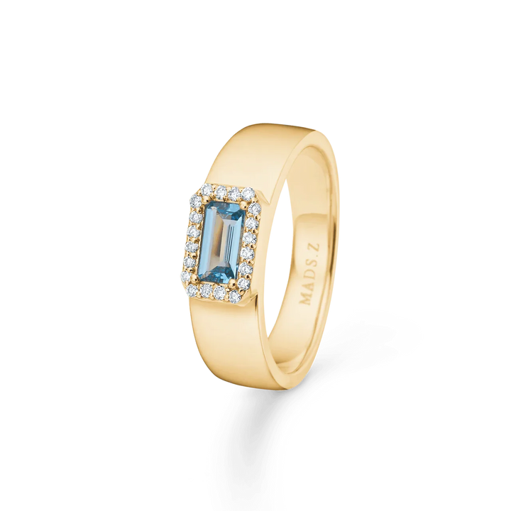 Mads Z Indigo 14kt gold ring with rectangular light blue topaz and diamonds, Model 1546191-001-1.