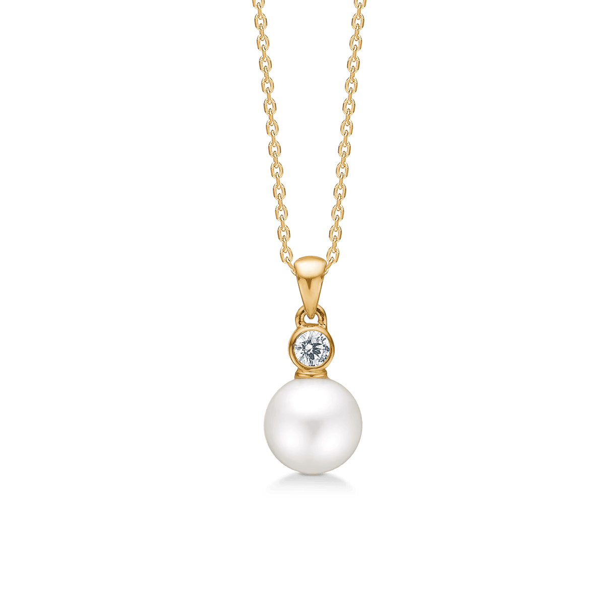 Mads Z Iris pearl pendant in 8kt gold with white pearl and clear stone, elegant and classic. Model 3337043.
