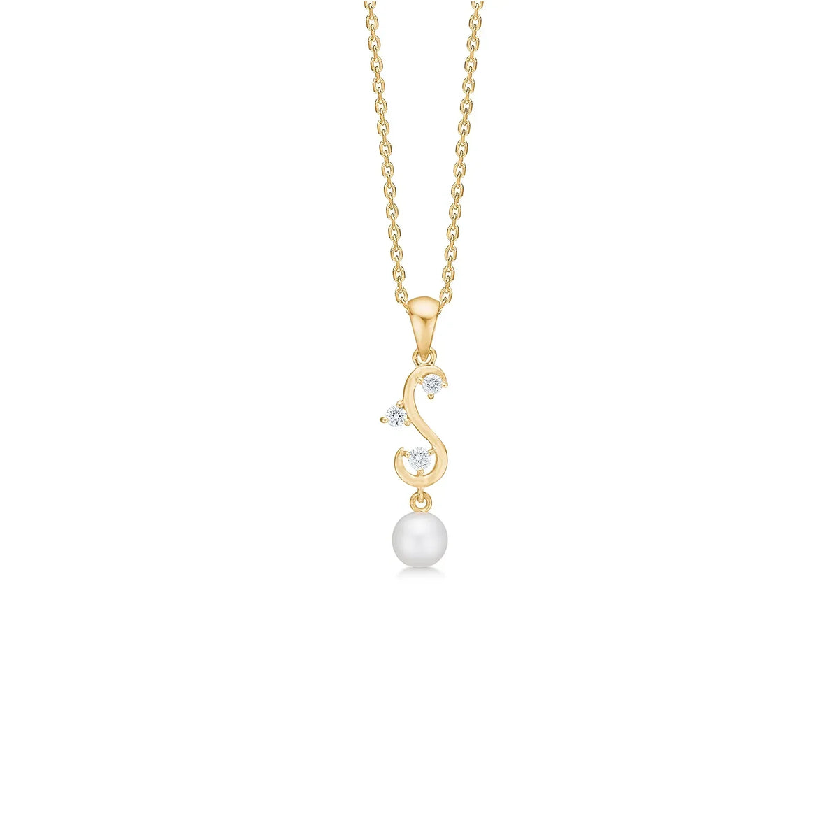 Mads Z Isaline 14kt gold pendant with diamonds and pearl, elegant design on chain. Model 1533190