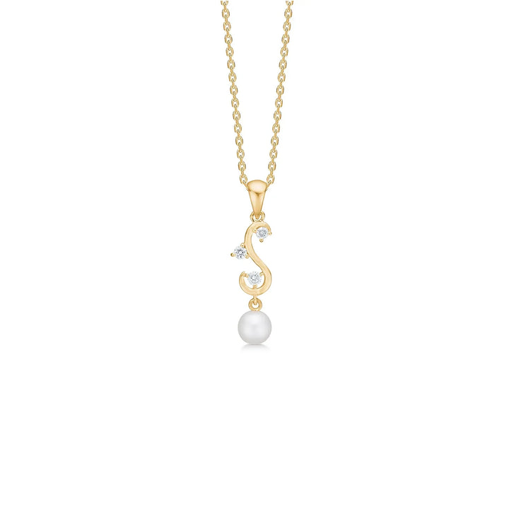 Mads Z Isaline 14kt gold pendant with diamonds and pearl, elegant design on chain. Model 1533190