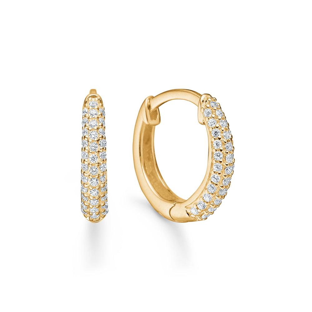 Mads Z La Boheme 8kt gold creole with zirconia shown close up, creoles with clear zirconia stones. Model 3317030-1