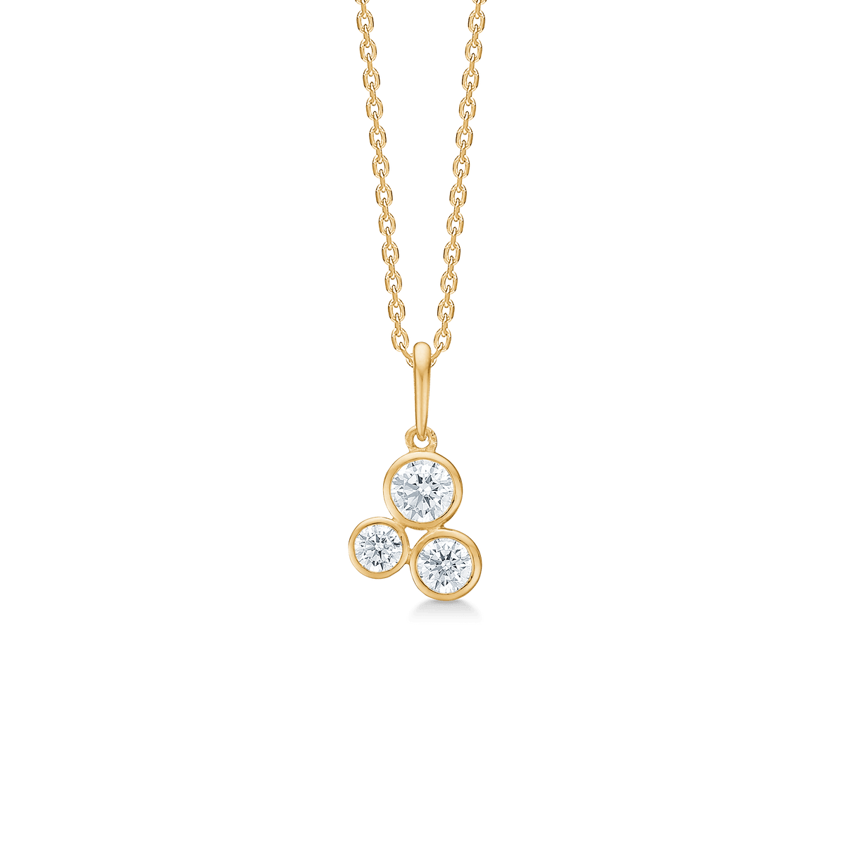 Mads Z Lucy 8kt Gold Pendant with three clear zirconia stones in a round setting, Model 3337035-1.