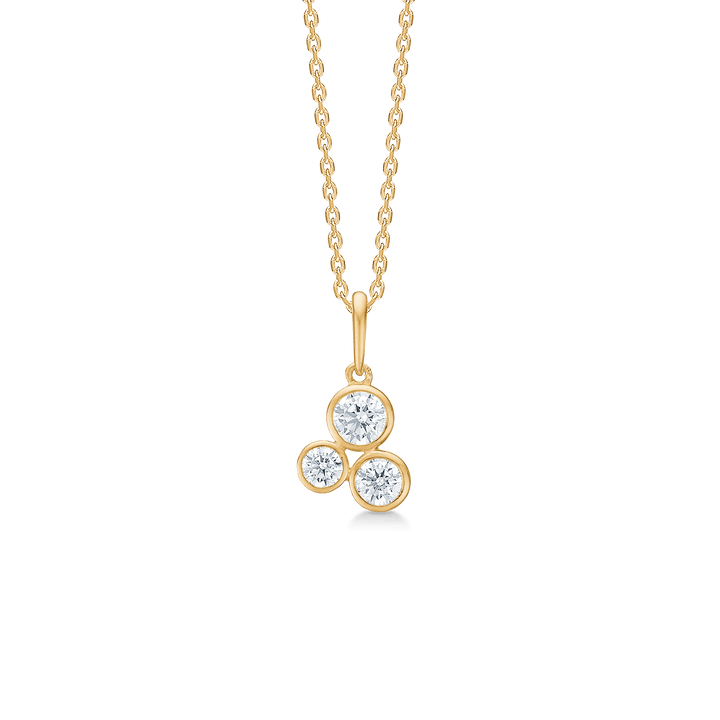 Mads Z Lucy 8kt Gold Pendant with three clear zirconia stones in a round setting, Model 3337035-1.