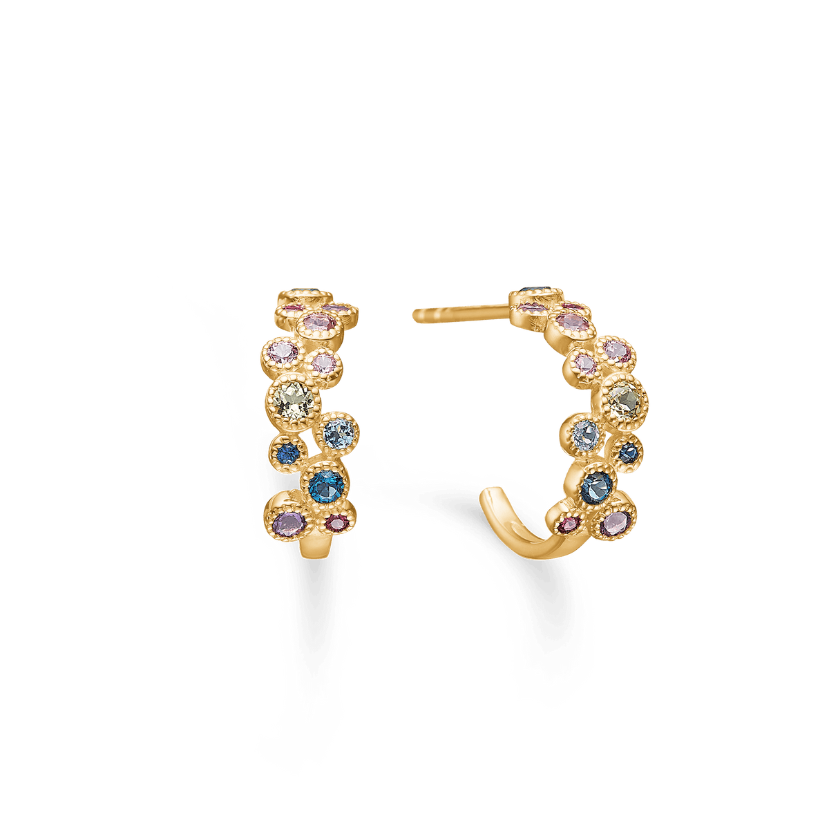 Mads Z Luxury Rainbow Petite Creole 14kt gold showcases elegant gold hoop earrings with colored stones. Model 1514067.
