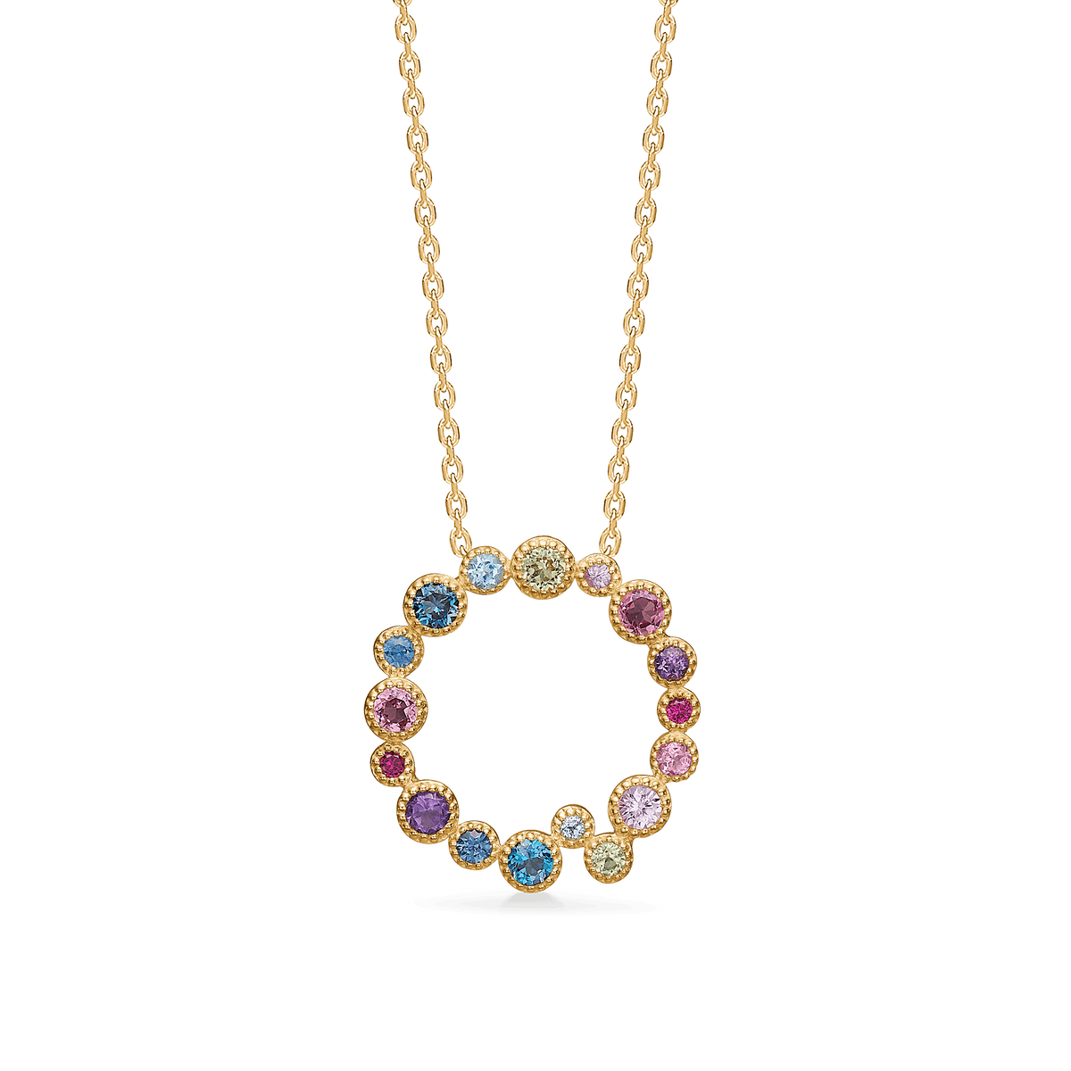 Mads Z Luxury Rainbow Petite Pendant 14kt Gold shows round pendant with colored stones and gold chain. Model 1534066