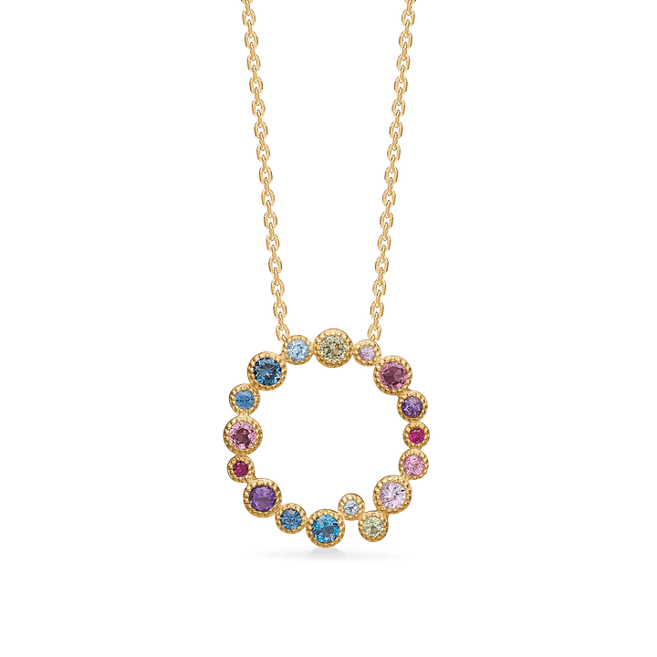 Mads Z Luxury Rainbow Petite Pendant 14kt Gold shows round pendant with colored stones and gold chain. Model 1534066