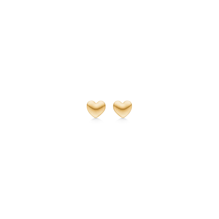 Mads Z Mini Love classic heart stud earrings in 8kt gold, polished, front on white background. Model 3310001-1