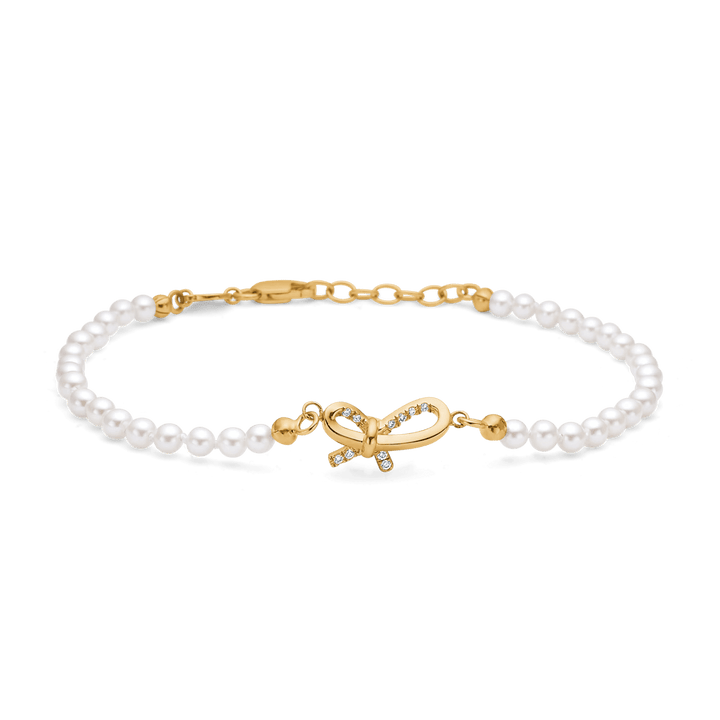 Mads Z Miss Butterfly bow pearl bracelet with white pearls and gold and diamonds. Model 1553030