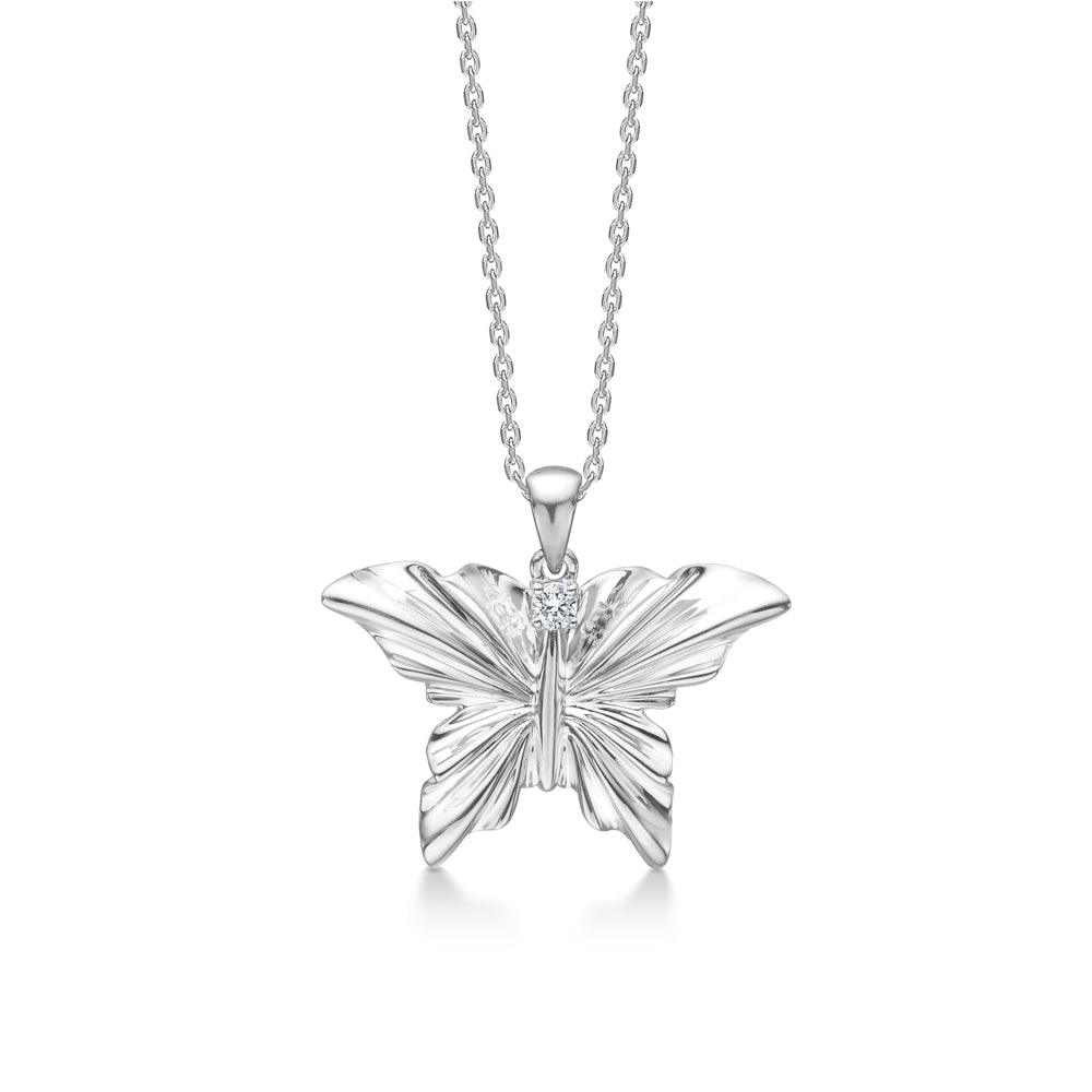 Mads Z Monarch silver necklace with butterfly motif, glossy surface and clear stone, Model 2126155-1