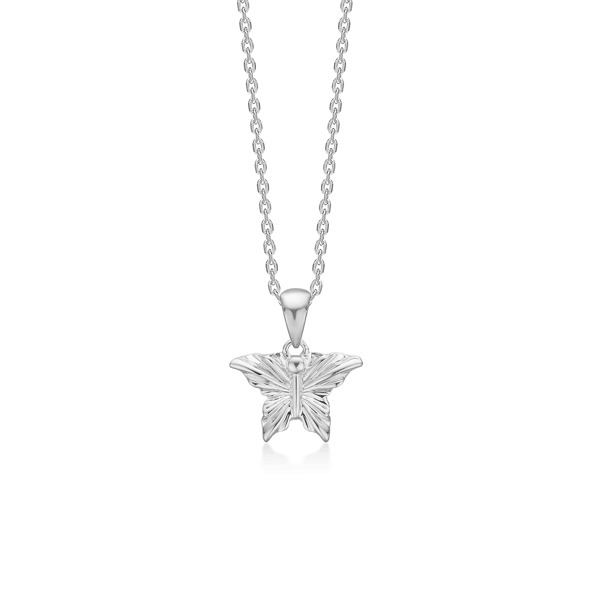 Mads Z Monarch Butterfly Necklace in silver with a detailed butterfly pendant on a simple chain. Model 2120155-1