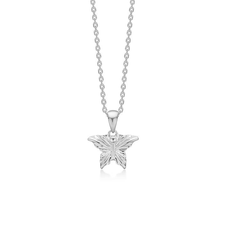 Mads Z Monarch Butterfly Necklace in silver with a detailed butterfly pendant on a simple chain. Model 2120155-1