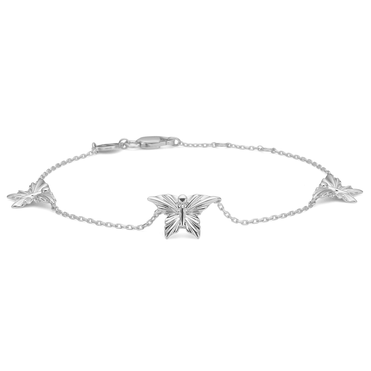 Mads Z Monarch butterfly bracelet in silver with three detailed butterflies. Model 2150155-1.